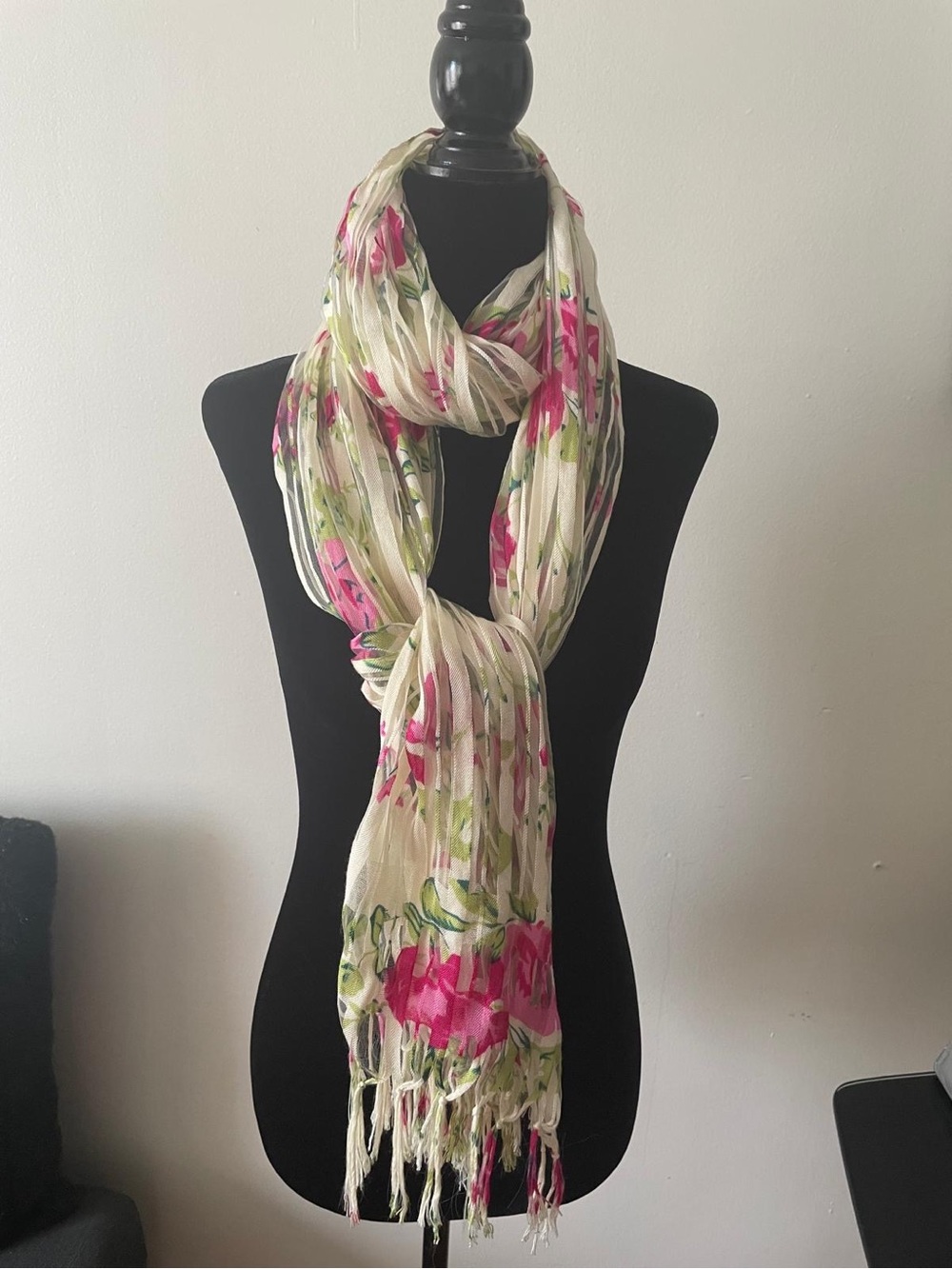 Cream Floral Scarf Mousseline with Pink & Green Accents by - Picture 2 of 4